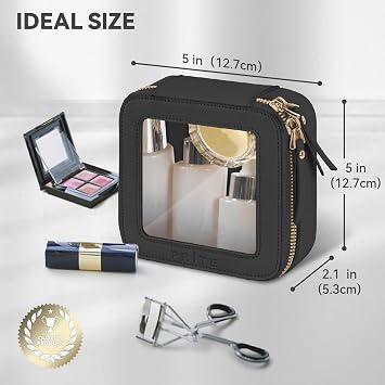 Prite Clear Makeup Bag Cosmetic Case Travel Toiletry Bag, Black, Mini | Three Sizes, Water-resistant, Tsa Approved, See Through, Car Essentials, Vegan Leather, Transparent PVC, Gift Box Packaging