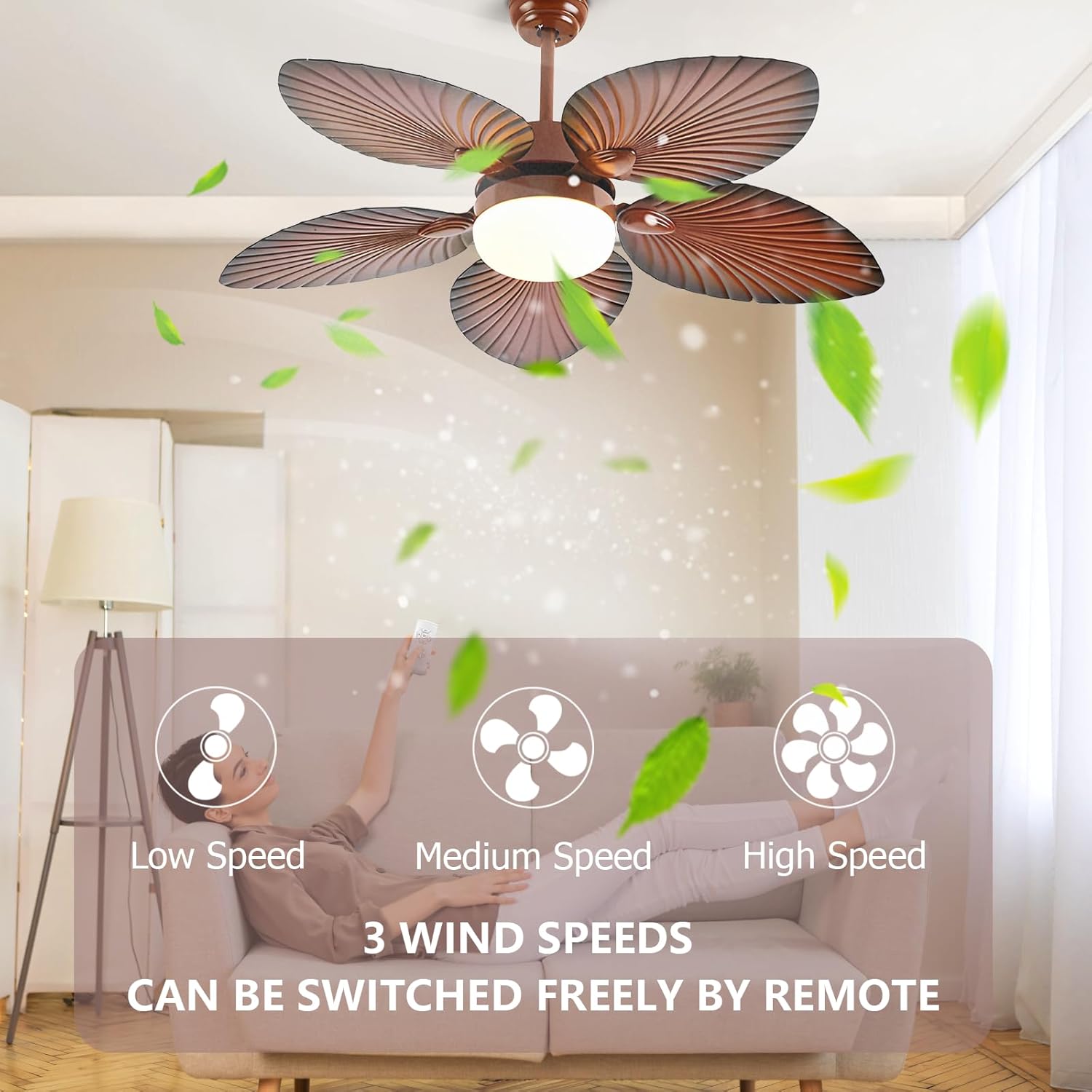 52 Inch Tropical Ceiling Fans with Lights, LED Fan Light with Remote Control, Modern Brown Ceiling Fan with 3 Speed & 3 Lighting & Smart Timing, Palm Leaf Blades for Patio Farmhouse Coastal Bedroom