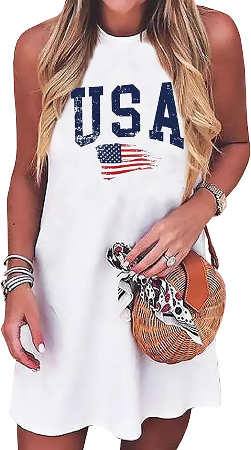 American Flag Tank Dress for Women 4th of July Patriotic Graphic Sleeveless Mini Dress Casual Vacation Short Dresses
