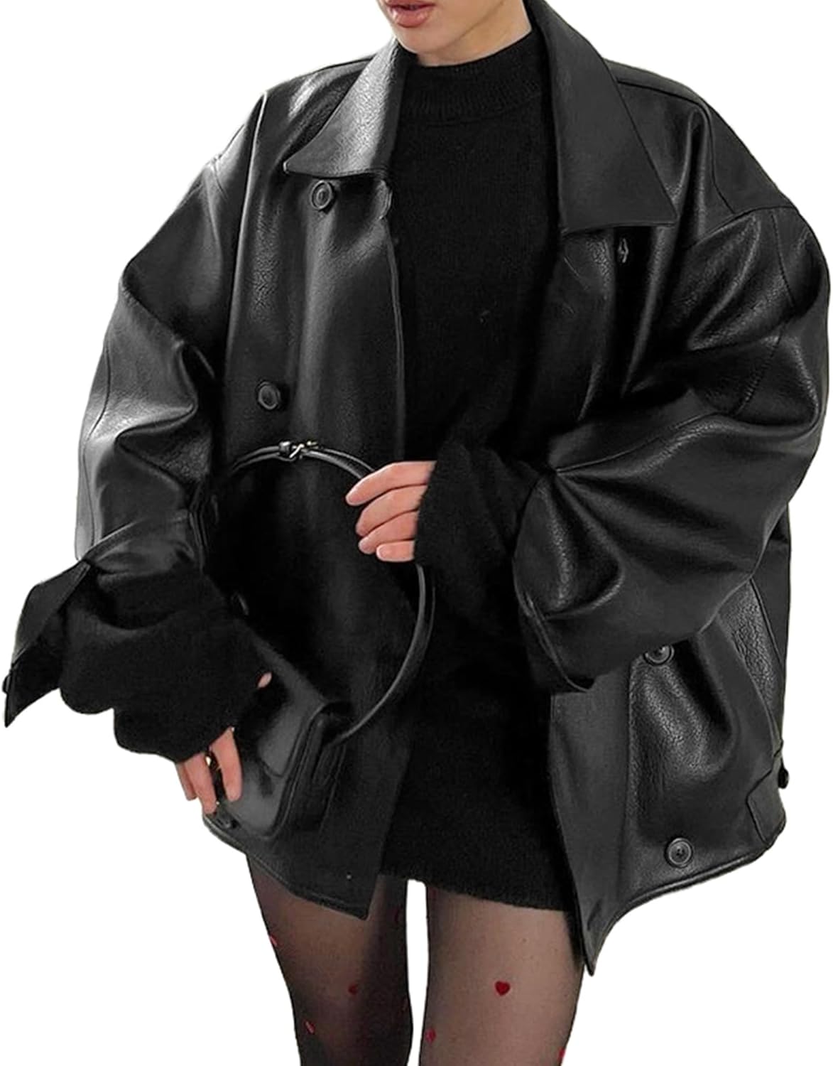 Molilove Womens Faux Leather Jacket Button Down Oversized Motorcycle Bomber Jacket Fall Fashion Winter Coat Outerwear