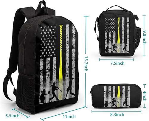 Miniatura 2 de Juego de mochila escolar de 3 piezas, casual, ligera, bolsa de almuerzo y lápiz, Bandera de béisbol, Mochilas Daypack
