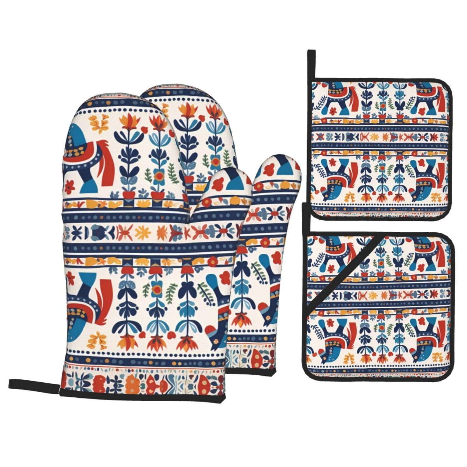 WHJSHOP Swedish Dala Horse Folk Prints Kitchen Layers: Waterproof Oven Covers for Safe Handling & Easy Cleanup – 4 Piece Heat Protection Bundle