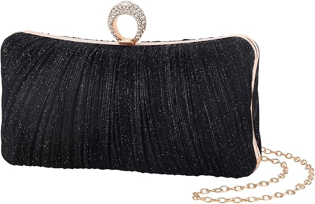 iWISH Womens Golden Glitter Clutch Purse Pleated Evening Bag for Bridal Wedding Party with Rhinestone Ring