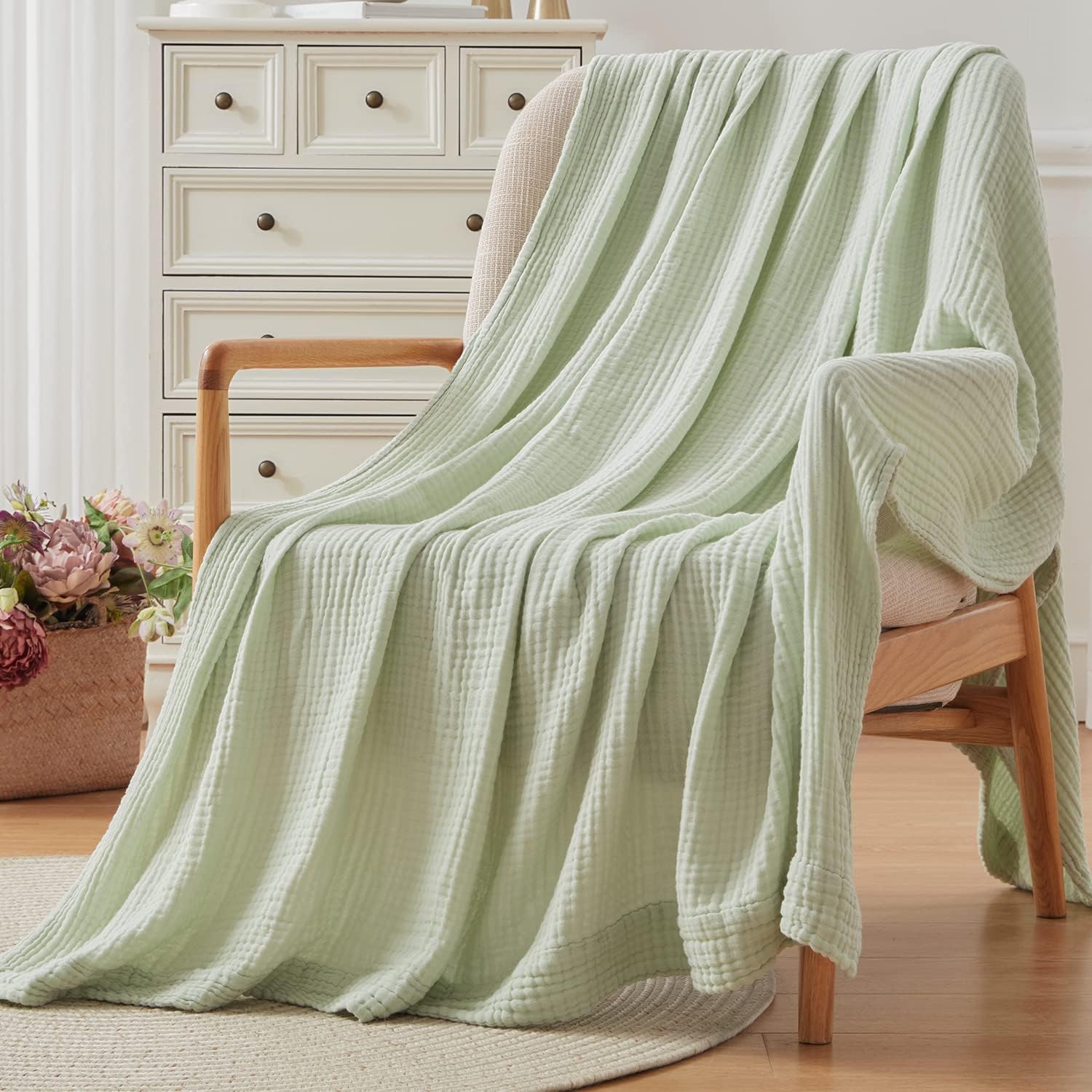 EMME Cotton Blanket Queen Size for Bed Soft Large Muslin Bed Blankets 90"x90" Lightweight Breathable All Season Gauze Blanket, Mint Green - Image 8