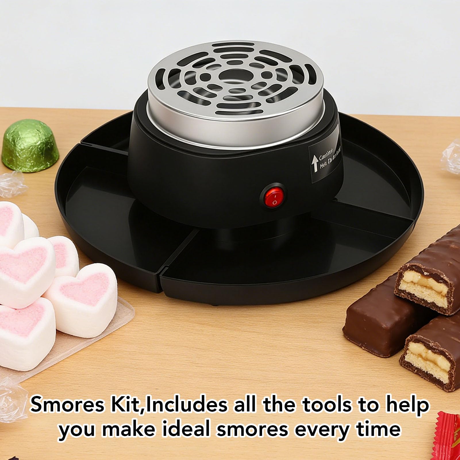 Qcwwy Smores Maker Kit de Mesa para Interiores, Estación Smores con 4 Tenedores para Asar, 4 Bandejas Desmontables, Tostador Eléctrico de Malvaviscos sin Llama, (Enchufe europeo 220V)