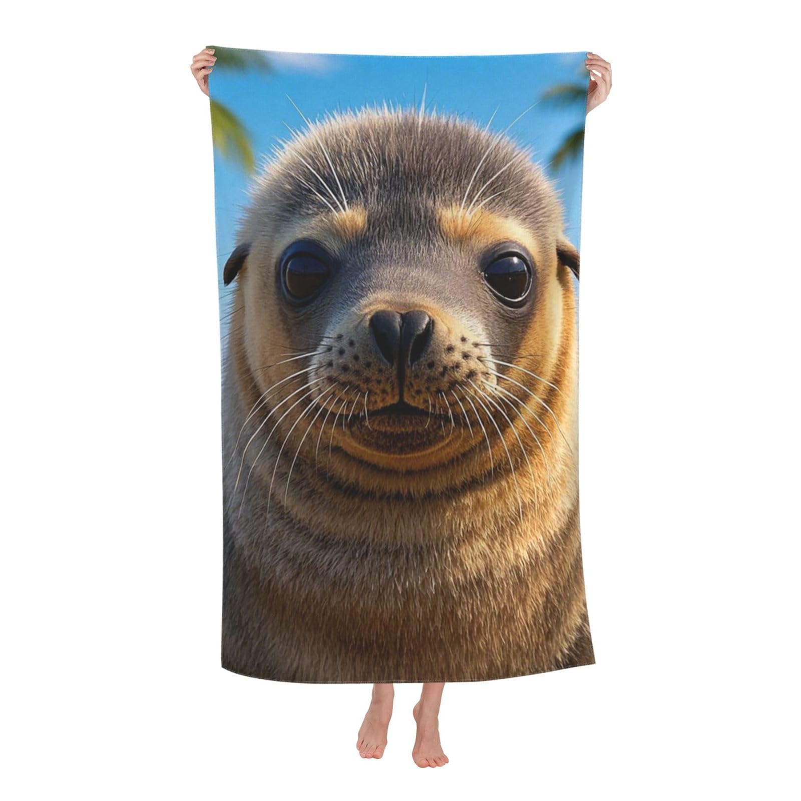 FodPand Cute Sea Lion Beach Towel Oversized 52 x 32 in Sand Free Pool Swim Towels for Adult Travel Blanket Lightweight Quick Dry Absorbent Bath Towels Cruise Vacation Accessories