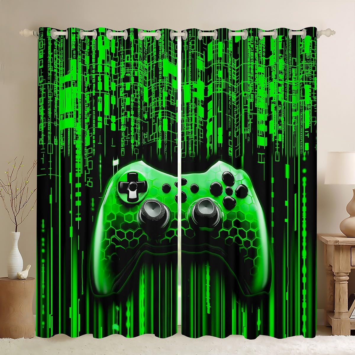 Manfei Gaming Gamepad Kid Blackout Curtain,3D Neon Lights Geometric Window Drapes for Boys Girls,Modern Videogames Gamer Controller Green Fashion Window Treatments Grommet Top 2 Panel Set,52Wx63L inch