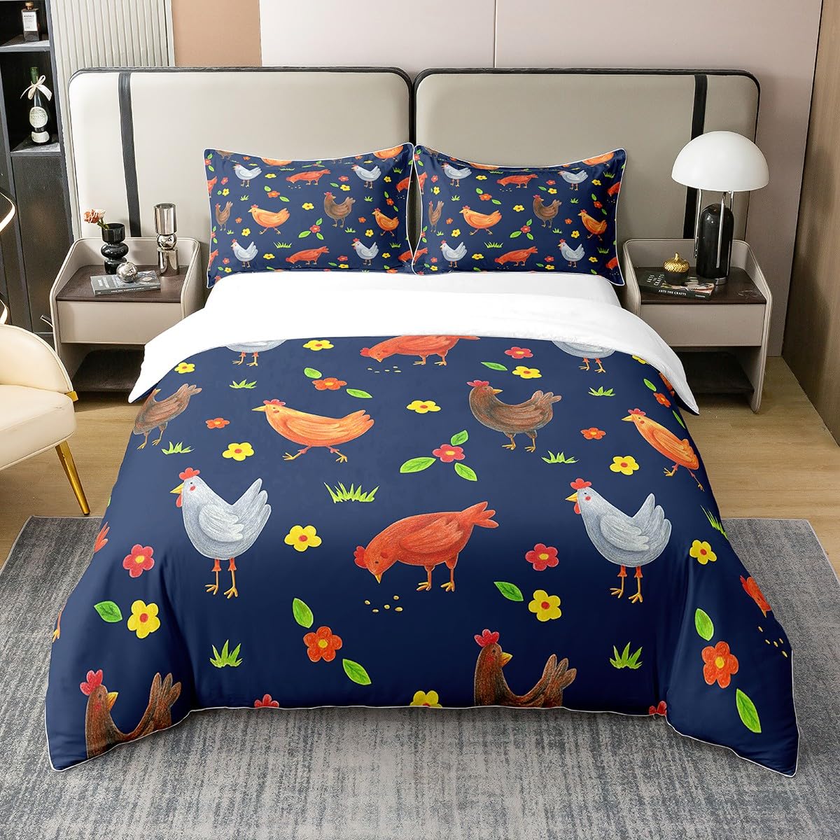 Hahn 100% Baumwolle Bettbezug 155x220 für Kinder Kind,Bunte Hühner Bettwäsche Set,Cartoon Botanische Blumen Tröster Abdeckung,Bauernhaus Tier Quilt Cover mit 1 Kissenbezug Heim Zimmer Dekor Küche, Haushalt & Wohnen