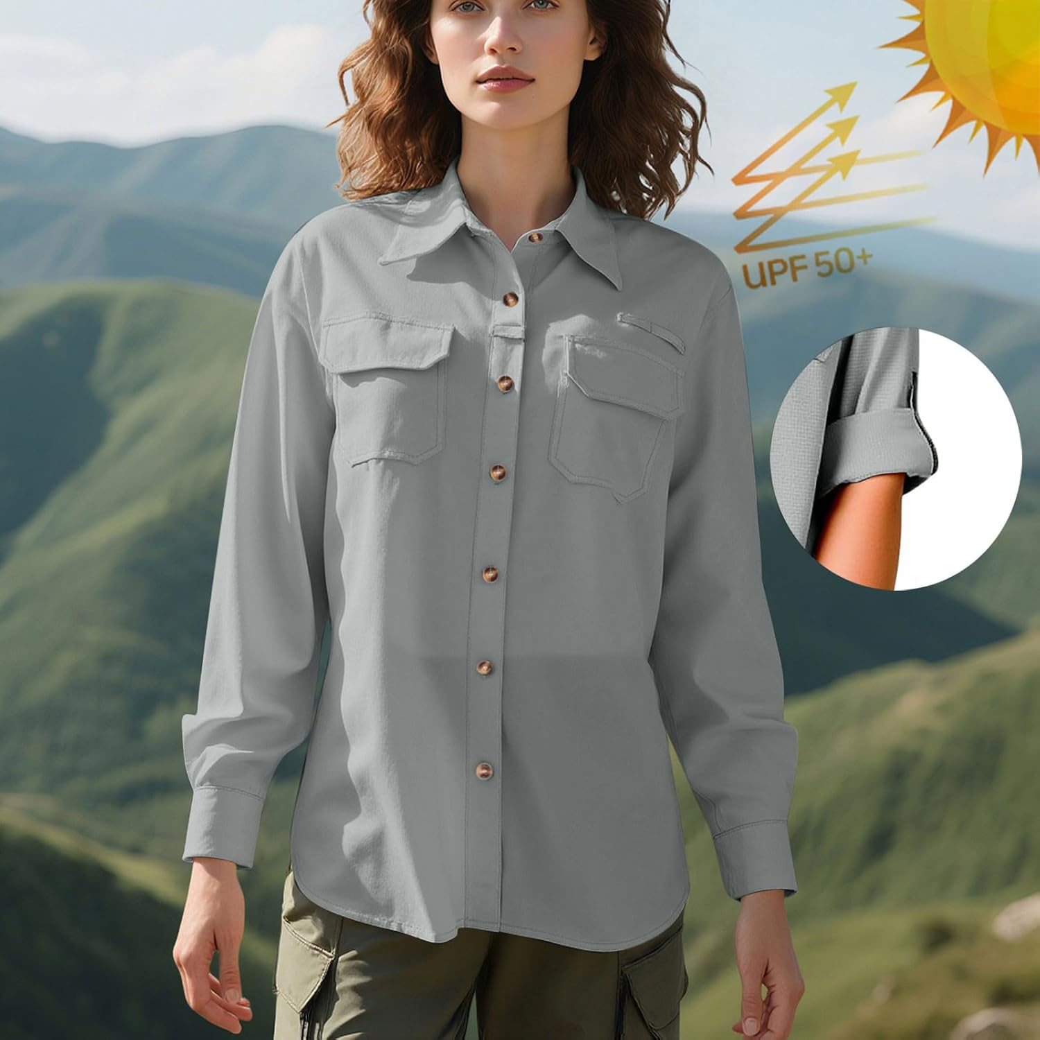 Womens UPF 50+ Button Down Blouses Sun Protection Long Sleeve Shirts Dressy Casual Sun Shirt for Hiking Fishing