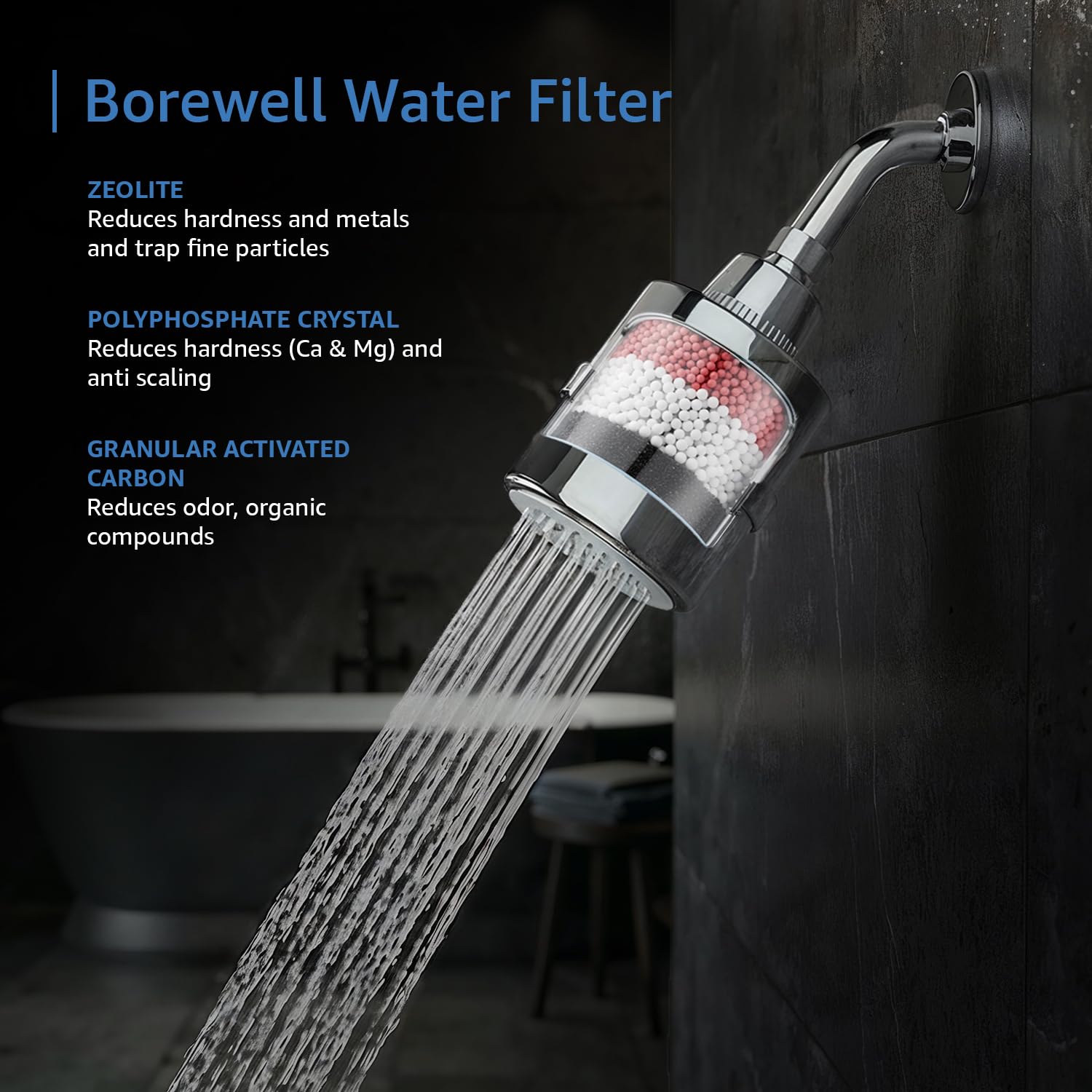 Amazon Basics Shower Head with Built-In Filter | Water Softener | Fixed Flow | Chrome Finish | Easy Installation | 13.9L x 8.4W cm 3