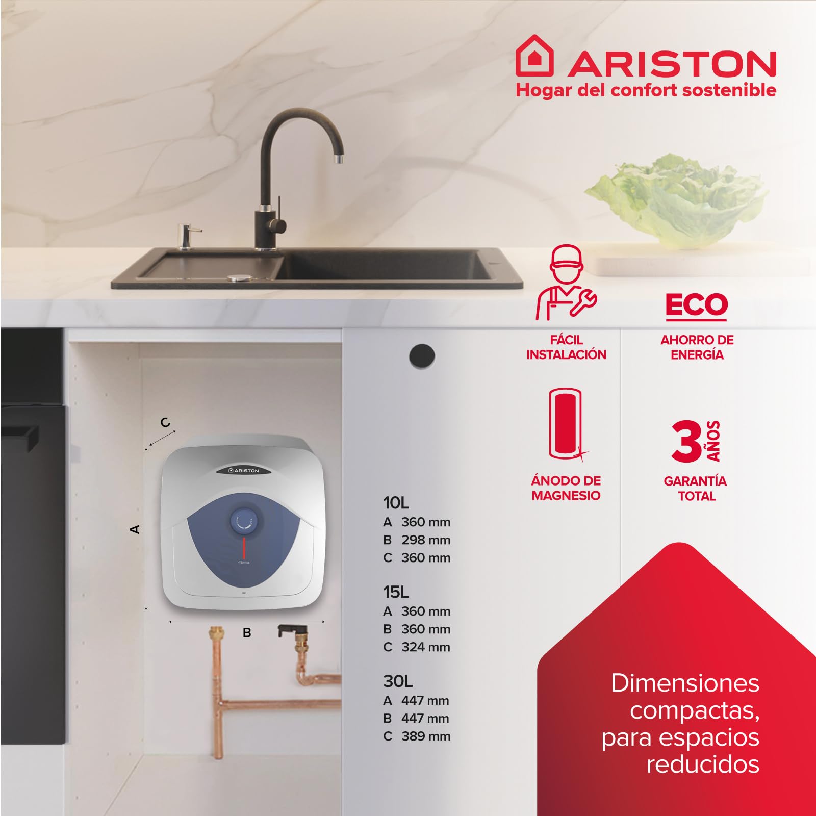 Ariston Blu Evo RS - Termo Eléctrico 30 Litros Bajo Consumo, Calentador de Agua Eléctrico Vertical con Tamaño Reducido 44.6x41x44.6cm, Calentadores para Instalación España - Eficiencia C, Rango (A+/F)