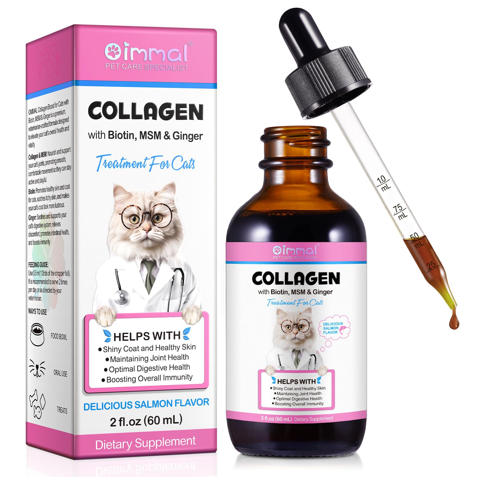 Collagen for Cats, Liquid Cat Collagen Drops, Cats Supplement Support Cat Itchy Skin, Joints, Skin &Coat Health, for All Breeds & Sizes, Salmon Flavor - 60ml