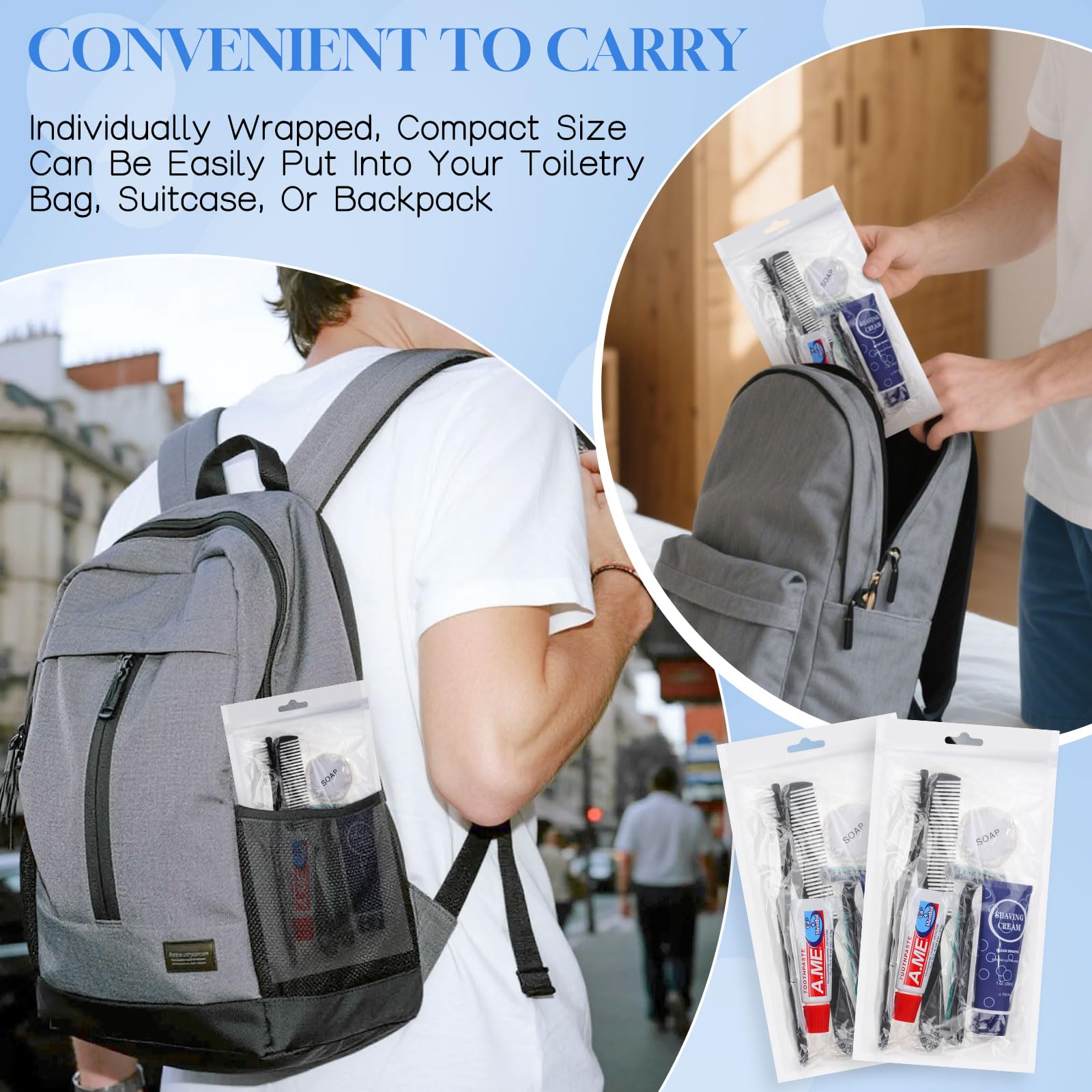 Kit di articoli da toeletta usa e getta, 6 in 1, formato da viaggio, essenziali per uomini e donne, confezionati singolarmente, set di articoli da toeletta personali per hotel, beneficenza, ospiti