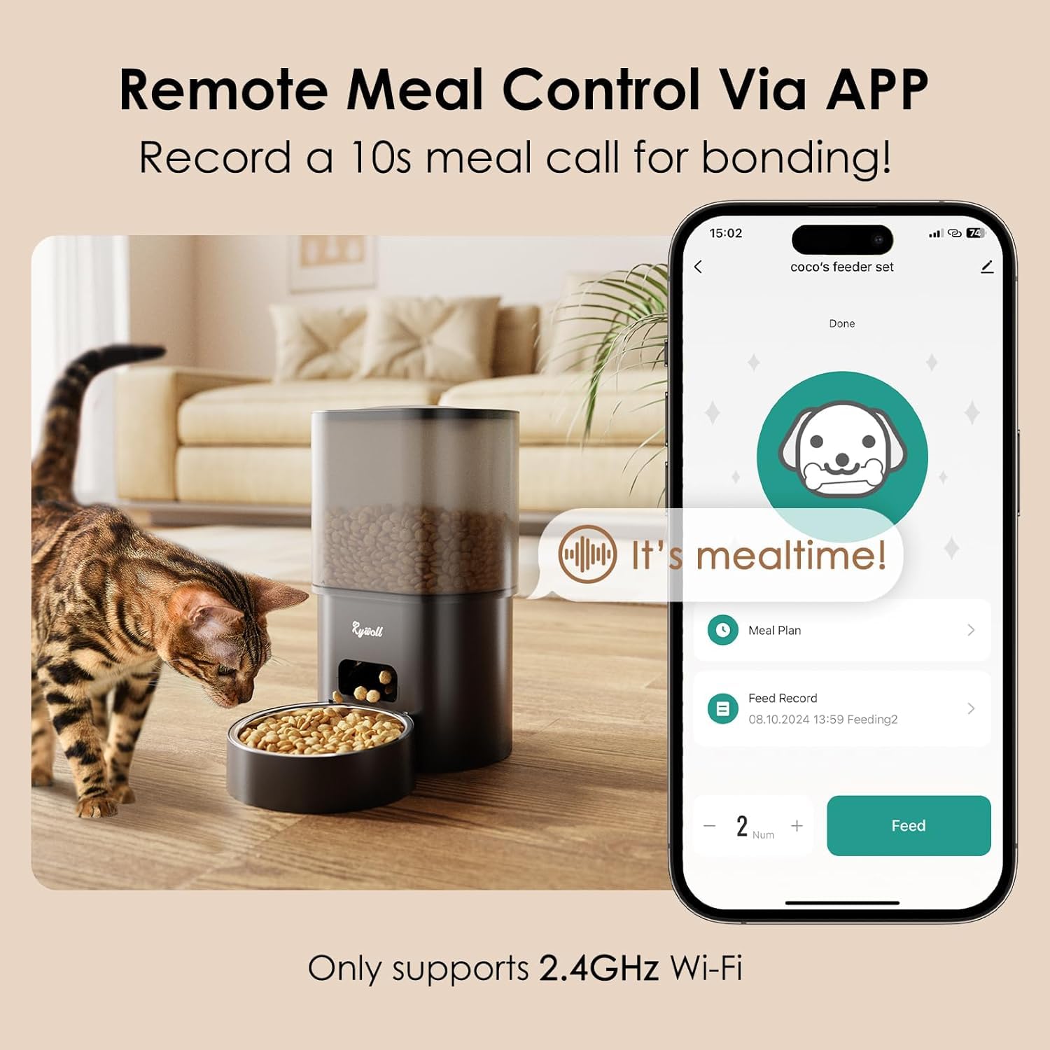 Automatic Cat Feeder and Water Fountain, Rywell 3L WiFi Timed Pet Food Dispenser and 2.5L Water Dispenser with APP for Cats and Dogs, Voice Recorder, Stainless Steel Bowl, Low Noise, Dual Power Supply - image 2