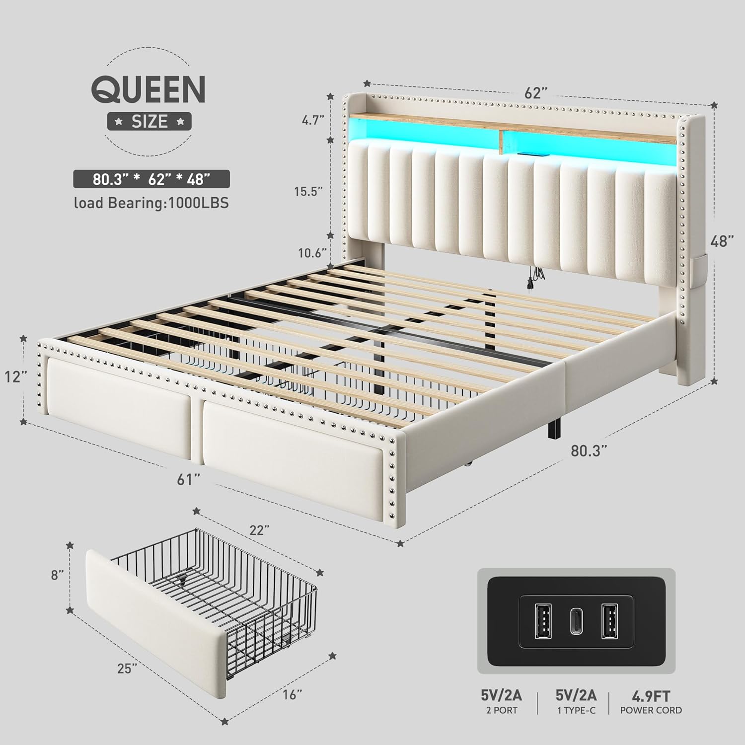 EnHomee Queen Bed Frame with 2 Storage Drawers, Upholstered Queen Platform Bed with LED Lights and Charging Station, Sturdy Wooden Slats Support, No Box Spring Needed, Noise Free, Beige