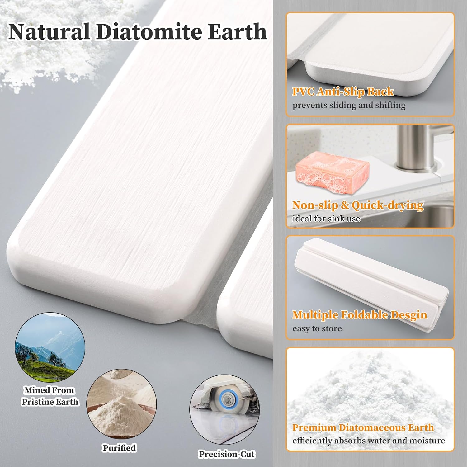 Diatomaceous Stone Drying Mat for Kitchen Counter with Sink Faucet Mat, White Absorbent Quick Dry Dish Drying Mat Set, Diatomite Stone Slat Countertop Pad for Dishes, Cups