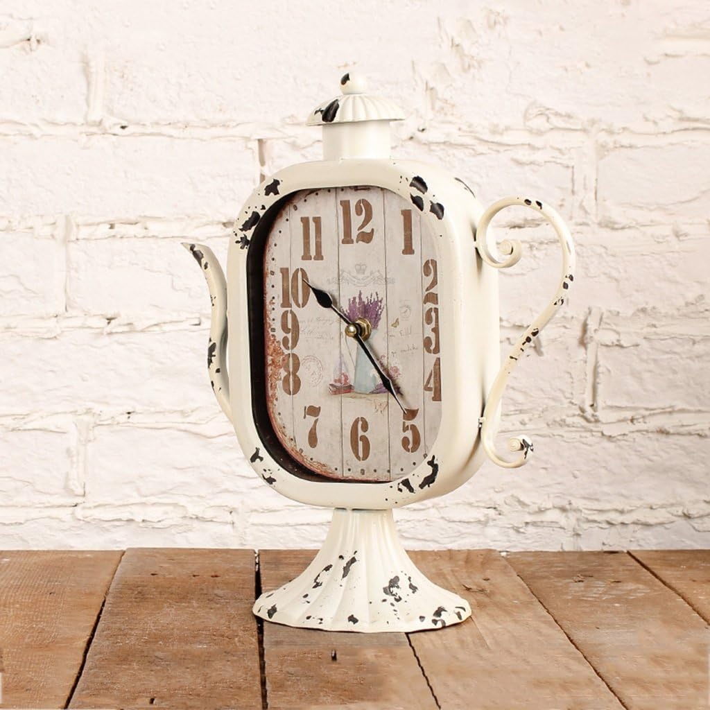 Retro Desk Clock and Table Clock Retro Mantel/European Iron Artifact Teapot Shaped Pendulum Pieces Bar Cafe Desktop Clock Parlor Shelf Clocks Desk Clock Shelf Clock (Color : White)