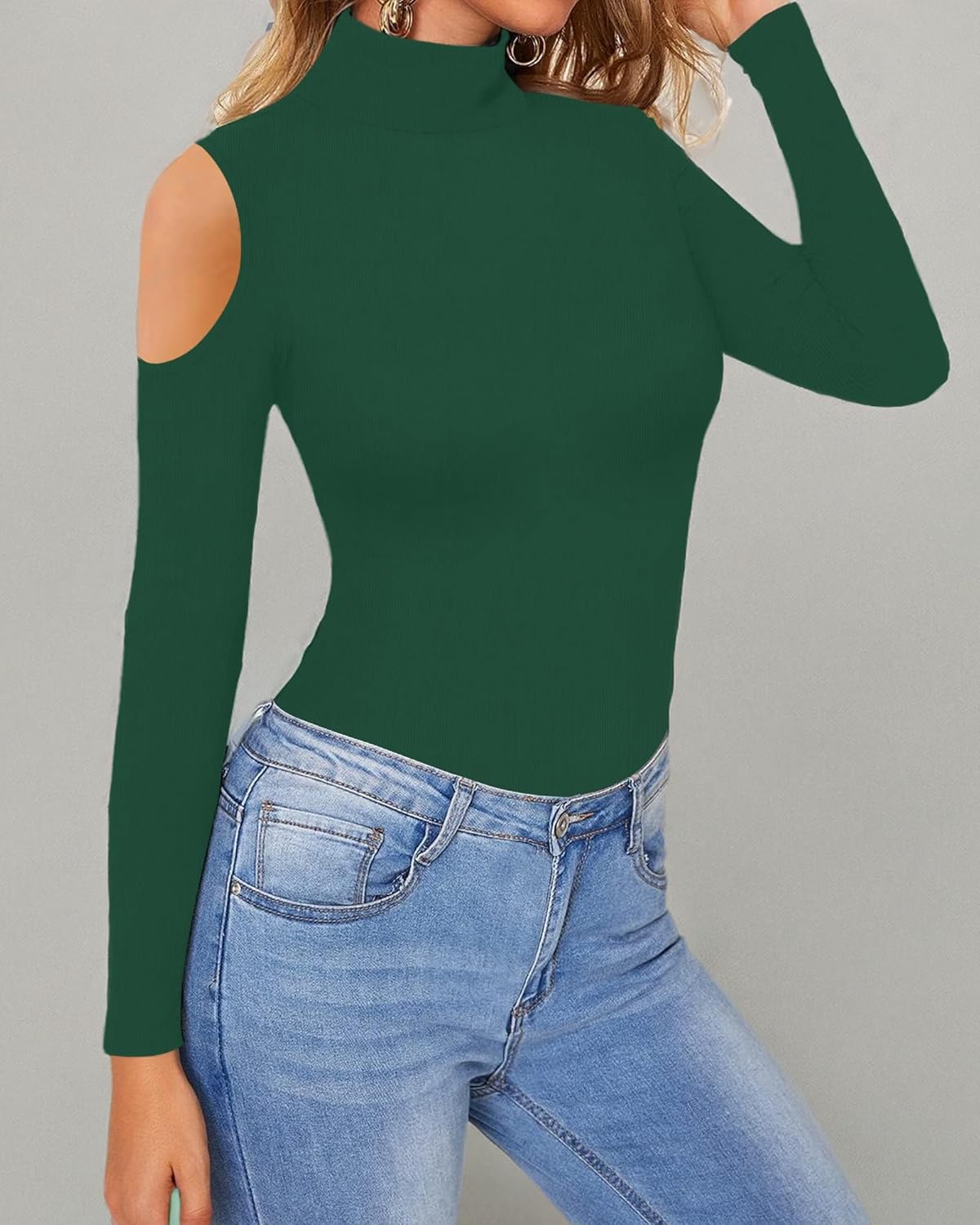 HERLOLLYCHIPS Mock Neck Tops for Women Cold Shoulder Long Sleeve Ribbed Knit Tight Stretchy Sexy Dressy Casual T-Shirts - Image 6