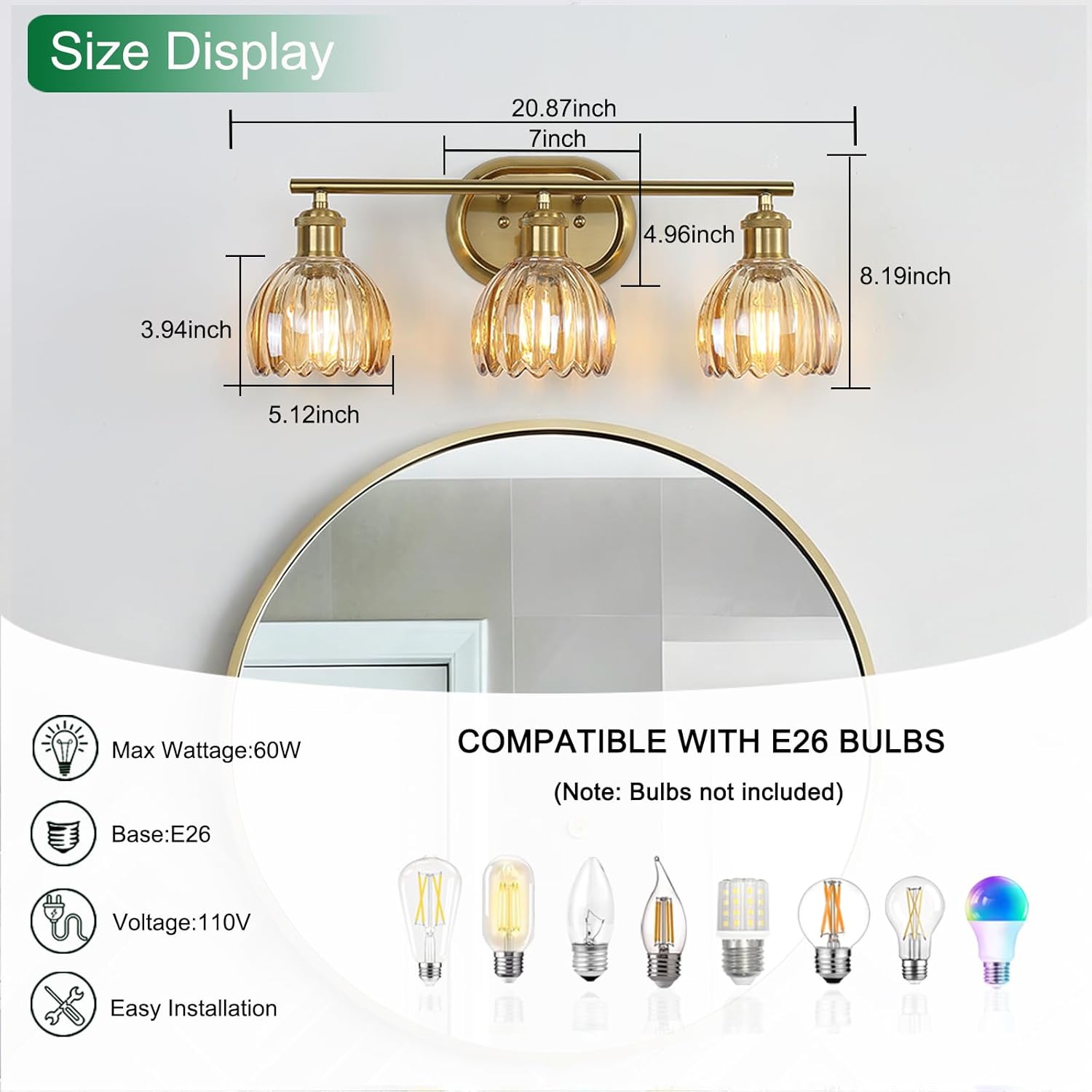 gold bathroom light fixture, 3-light bathroom vanity light over mirror with ribbed amber tulip glass shade, brass wall scone lighting for farmhouse, bedroom,living room,hallway amber 3-light
