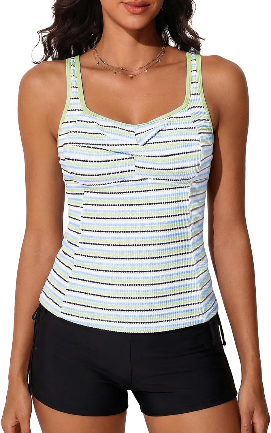 Summer Mae Tankini Swimsutis for Women 2026 Two Piece Tummy Control Bathing Suits Shirred Striped Twist-Front Swim Suits