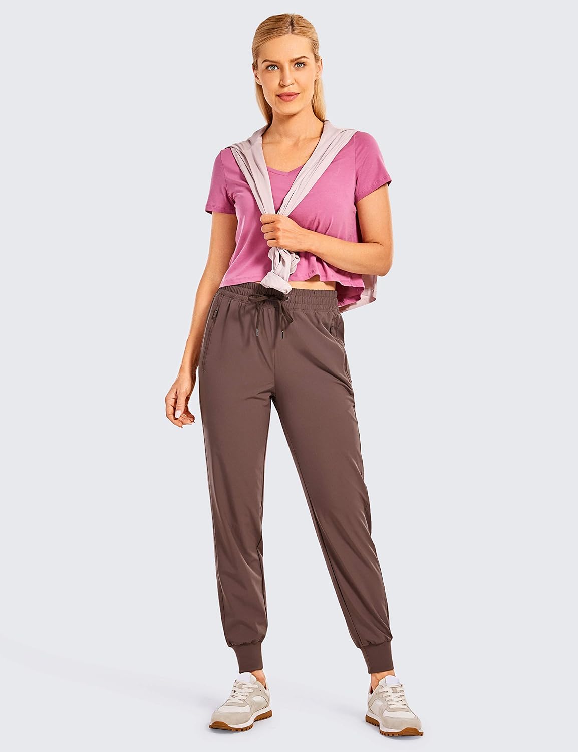 CRZ YOGA Women's Drawstring Lightweight Elastic Waist Joggers Pants Lounge Workout Running with Zipper Pockets Purple Taupe X-Large - Image 3