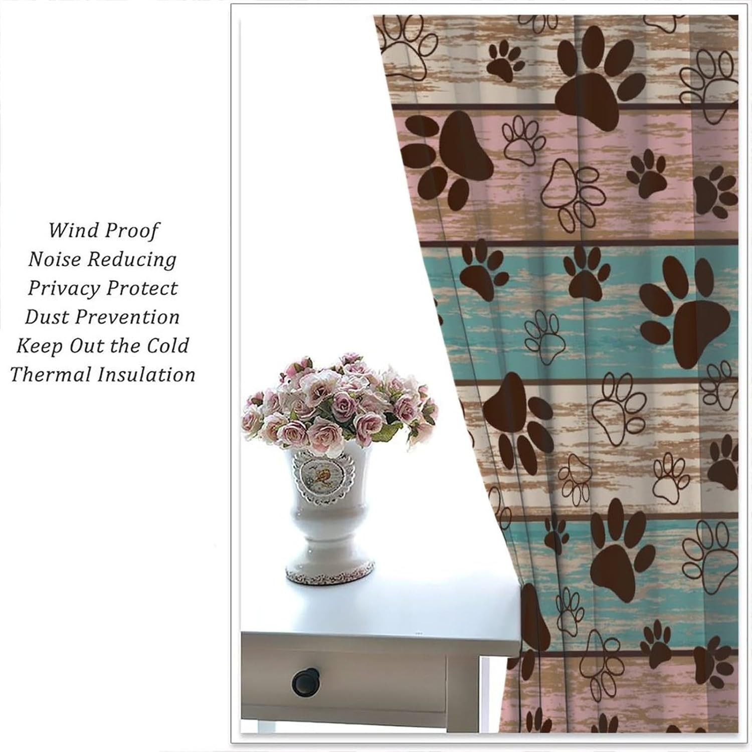 Dog Paw Print Curtains Rustic Wood Board Puppy Paws Art Printed Blackout Window Drapes for Living Room Kitchen Decor Fabric Set 2 Panel 42x45 Inch 80% Shading Rate