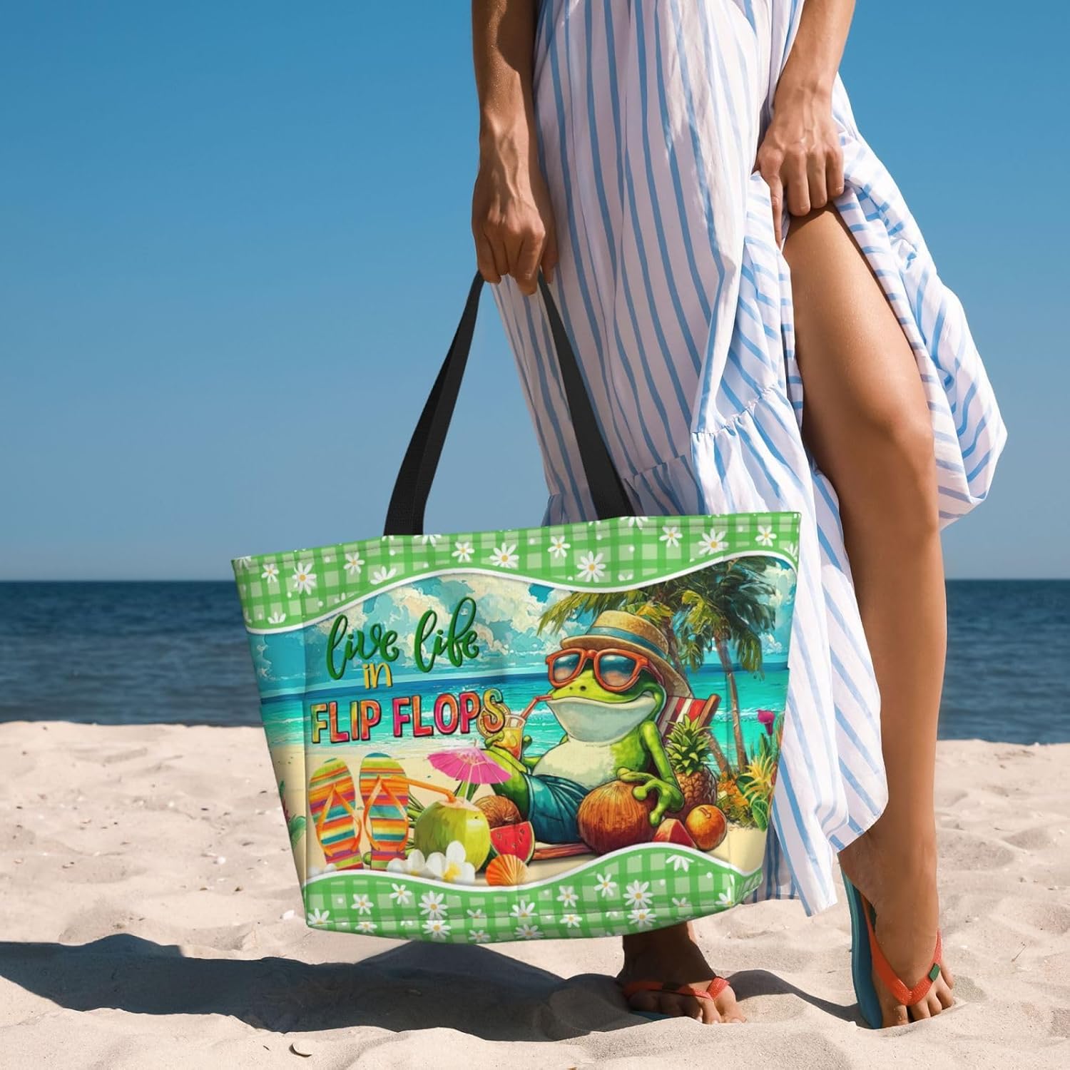 Large Waterproof Sandproof Beach Tote Bag for Women with Zipper & 7 Pockets, Lightweight Foldable Pool Swim Bag