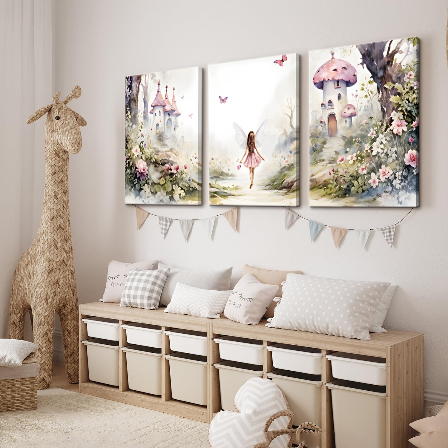 3 Pcs Framed Fairy Garden Canvas Wall Art Flower Fairy Posters Prints mushroom castle Painting Pictures Enchanted forest Wall Decor for Living Room Bedroom Girls Room Nursery Decoration