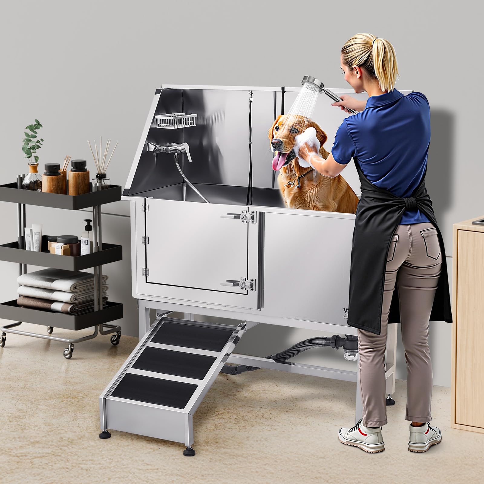 VEVOR Hundewaschstation Edelstahl, 1270x580x1495 mm Tierpflegewanne mit Rampe, PE-Wasserfilterplatte, Wasserhahn, Duschkopf & Seifenhalter, für große, mittelgroße & kleine Haustiere (Linke Tür)