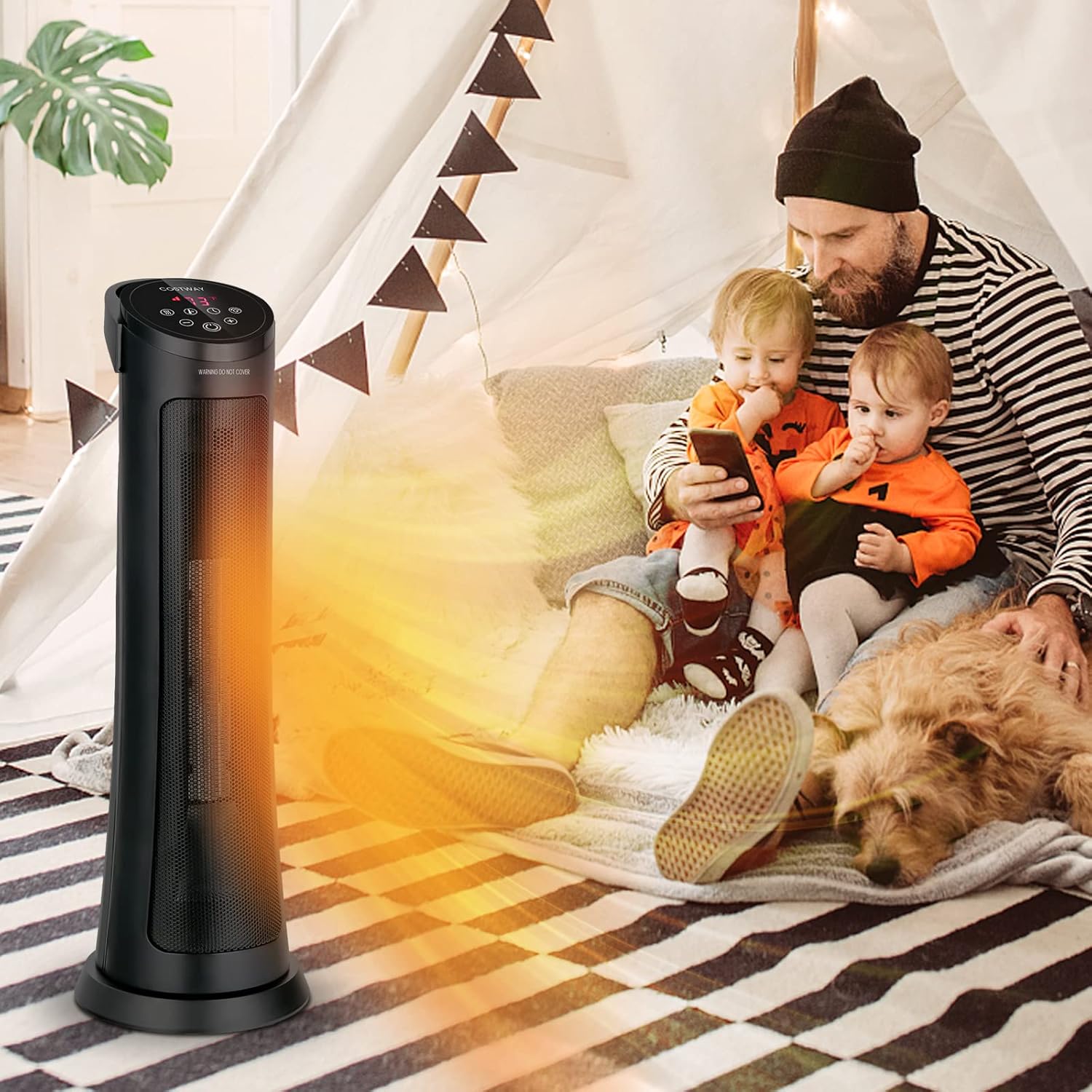 COSTWAY Space Heater for Indoor Use, 1500W PTC Ceramic Heater w/ 60° Oscillation, 3 Modes, 24H Timer & Overheat & Tip-Over Protection, Portable Electric Heater for Bedroom, Living Room, Office