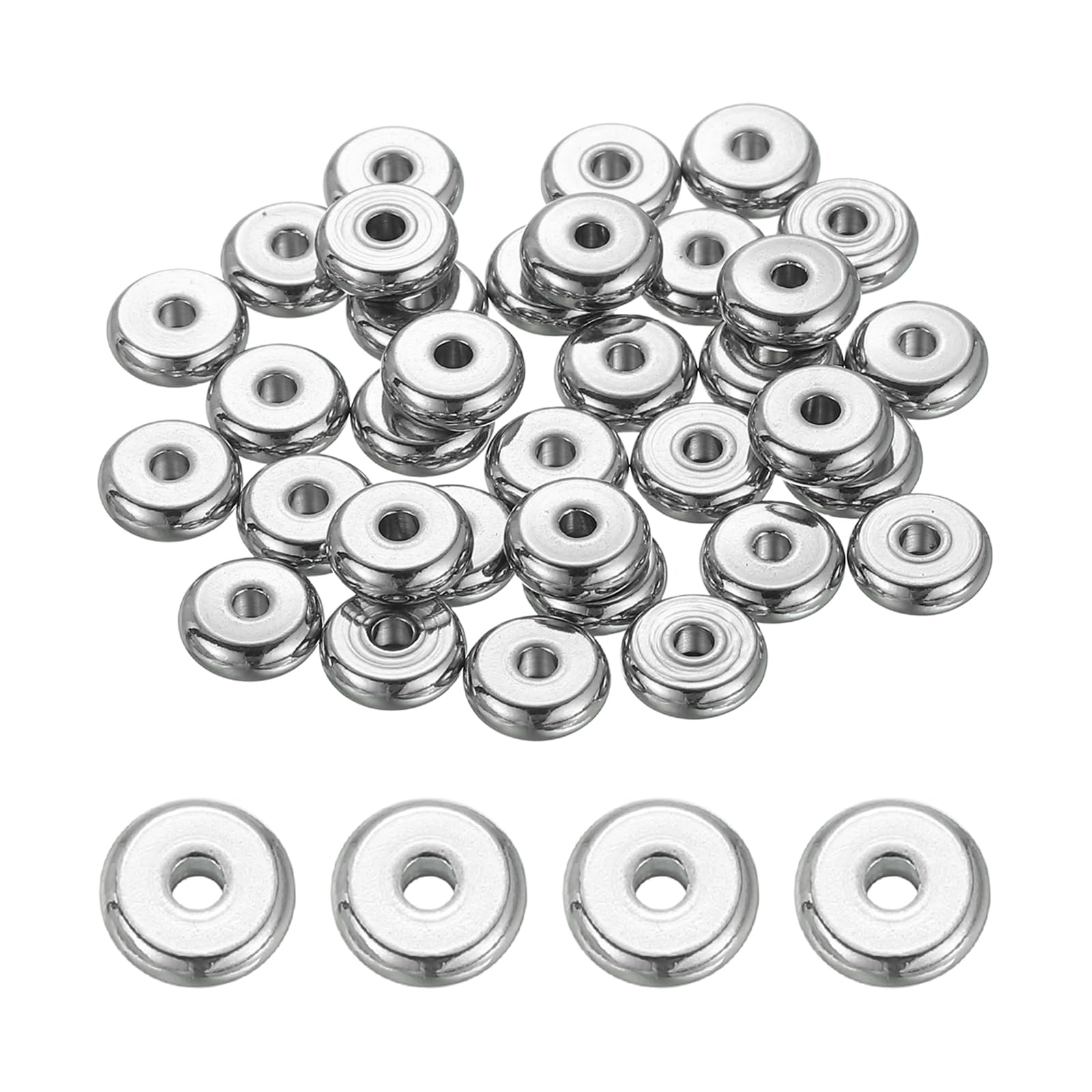 sourcing map 80 Pcs Flat Round Spacer Beads 6mm Stainless Steel Heishi Beads Rondelle Disc Loose Bead for Jewelry Making Earring Bracelet Necklace, Silver 1.5mm ID x 2mm H