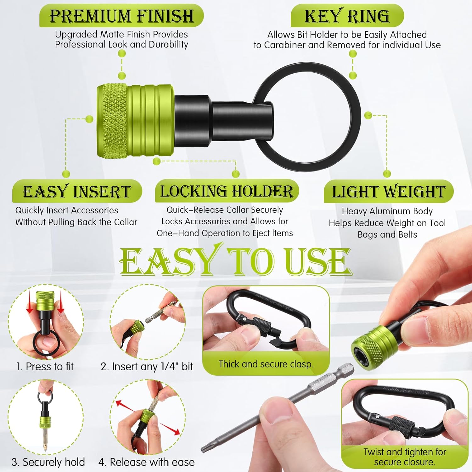 Threlaco 24 Pcs Upgraded Flexible Drill Bit Extension, Bit Holder Keychain, 1/4 3/8 1/2 Socket Hex Shank Quick Release Screwdriver 105 Degree Right Angle Driver for Drills Men Gifts (Green)