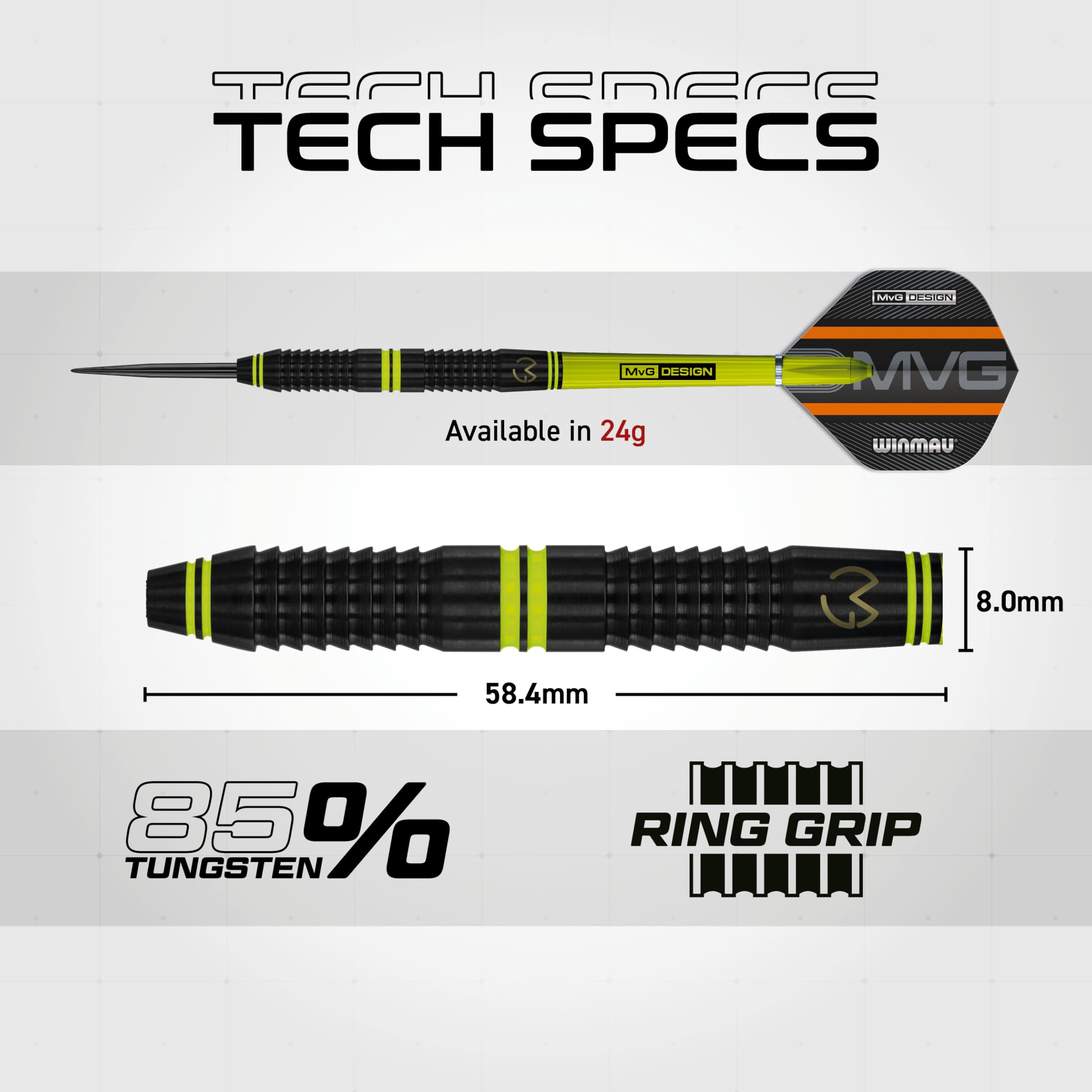 WINMAU Darts – Michael Van Gerwen -MvG Active 24g – 85% Tungstène - Jeu de flechettes Professionnel avec des ailettes de fléchettes, des tigesde fléchette & flechette Pointe Acier Un Protecteur