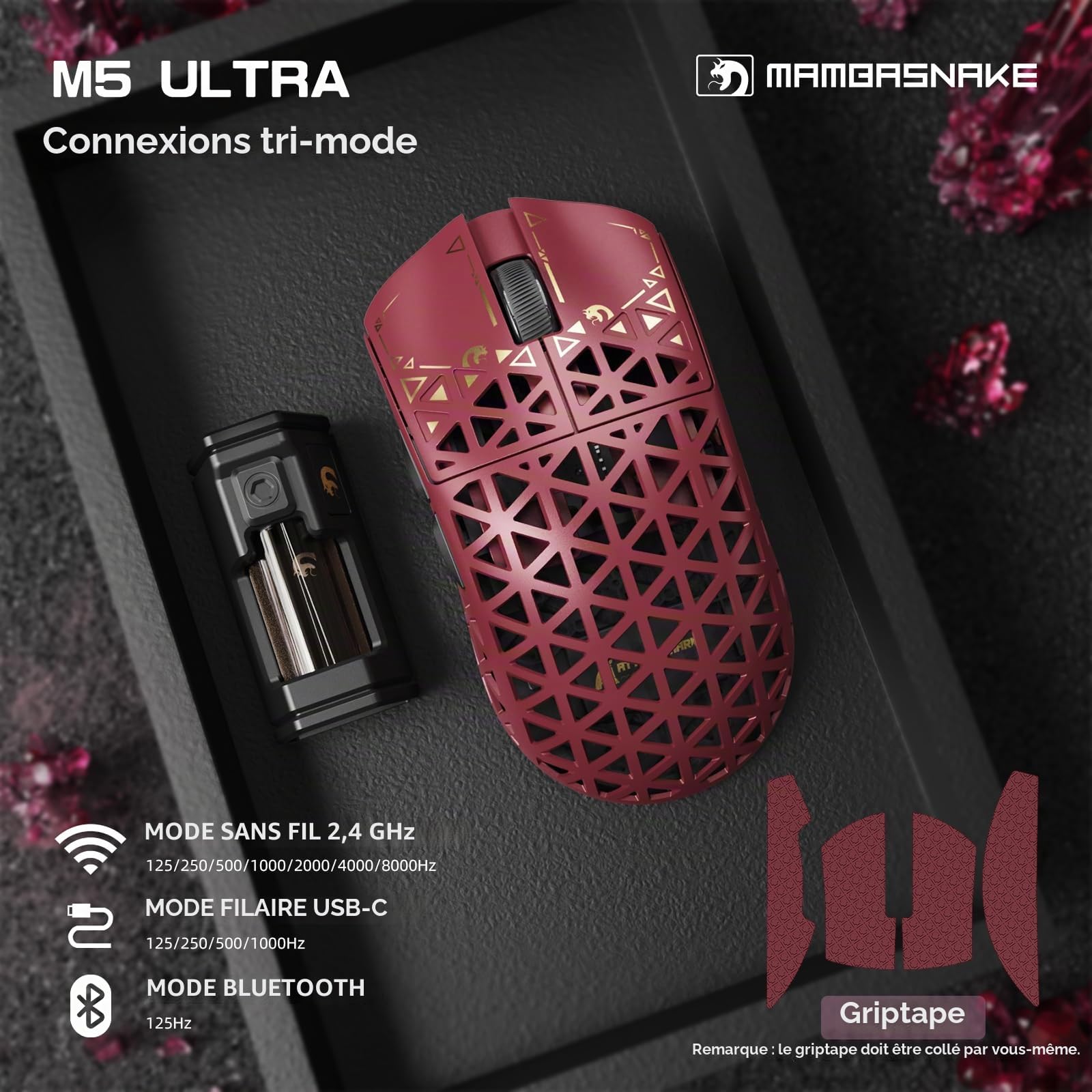 MAMBASNAKE M5 Ultra Souris de Jeu sans Fil en Fibre de Carbone 8000Hz, Jusqu'à 42 000 DPI, Capteur PAW3950 Max, Ultra-légère de 39g, Puce Nordic 52840, 2,4GHz/BT/Filaire, pour PC/Xbox/Mac - Rouge