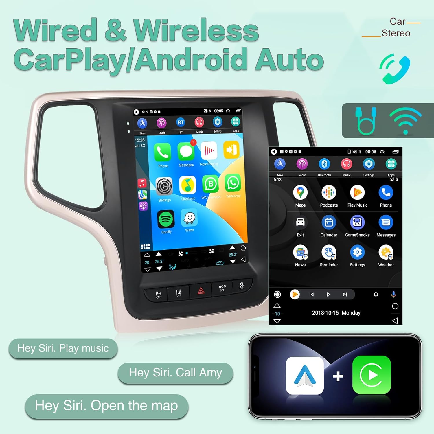 Image showing the wireless CarPlay and Android Auto interface on the car stereo, with a smartphone displaying its connected screen.