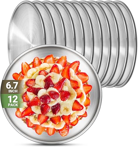 Miniatura 11 de Platos de metal para campamento, paquete de 4 platos de acero inoxidable 304 (18/8) de 9.1 pulgadas, platos reutilizables para pizza, aperitivos