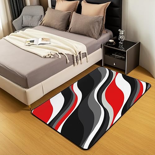 Miniatura 4 de Alfombra decorativa con patrón geométrico en espiral, rojo, negro y gris, para niños y niñas, diseño de líneas onduladas abstractas, para sala de