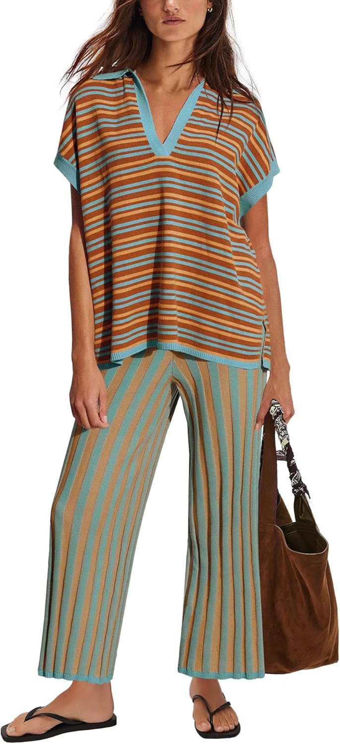 SENSERISE Womens Striped Lounge Set 2 Piece Outfits Summer Vacation Sets Short Sleeve Sweater Wide Leg Capri Pants
