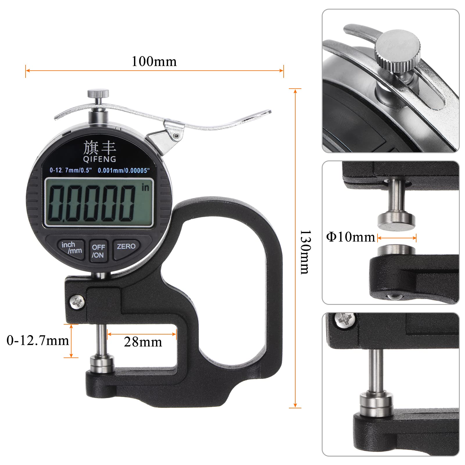 sourcing map Numérique Épaisseur Jauge 0.001mm/0.00005", Plage 0-12.7mm/0.5" Électronique Micromètre Épaisseur Mesure Outil avec LCD Affichage, pouce/Métrique