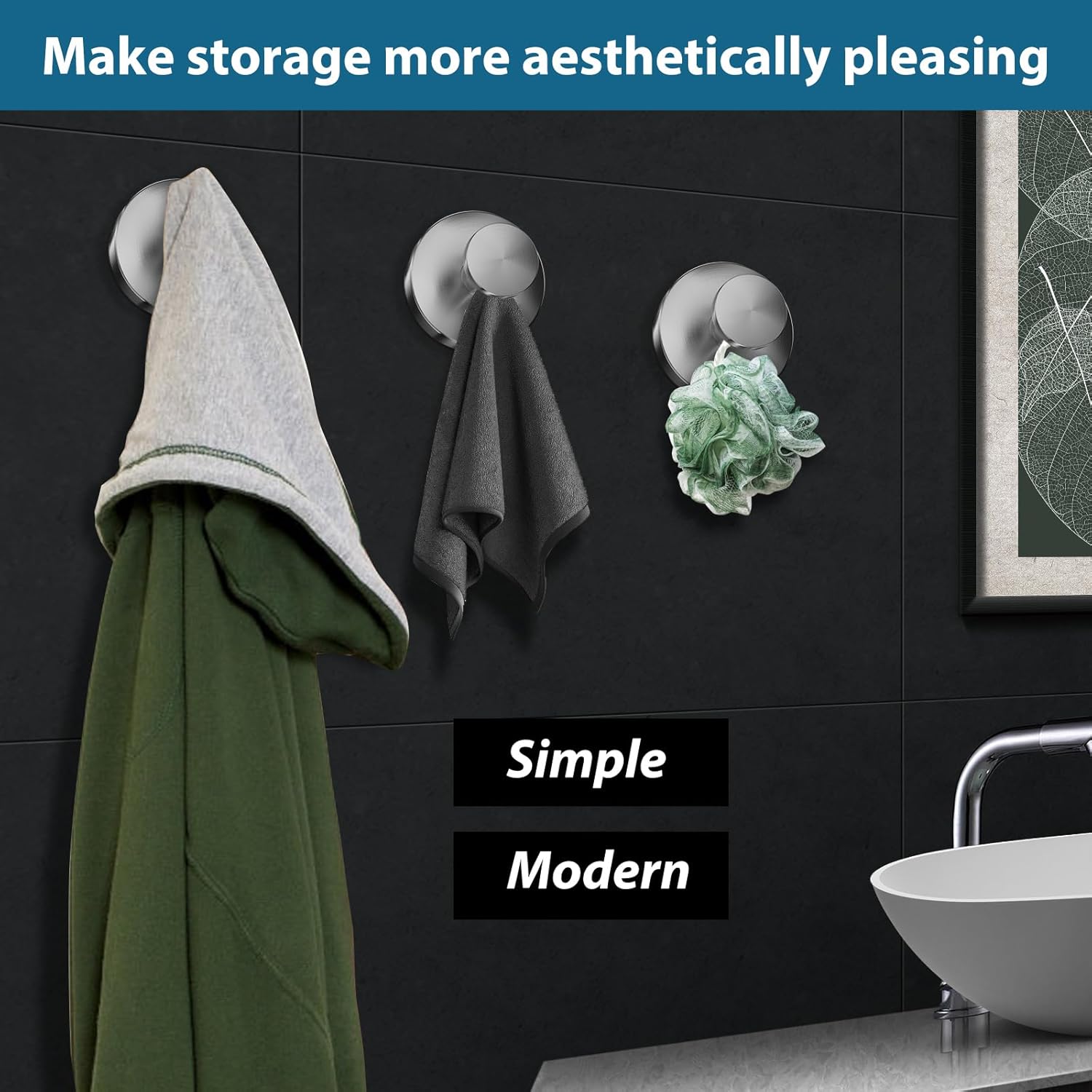 Suction Cup Hooks for Shower, 2 PCS No-Drill Towel Holder for Bathrooms Wall, Glass Door, Mirror, Tiles, Kitchen, Hold Robe & Wreath, Hanging up to 15 lbs – Waterproof & Rustproof, Loofah-Silver
