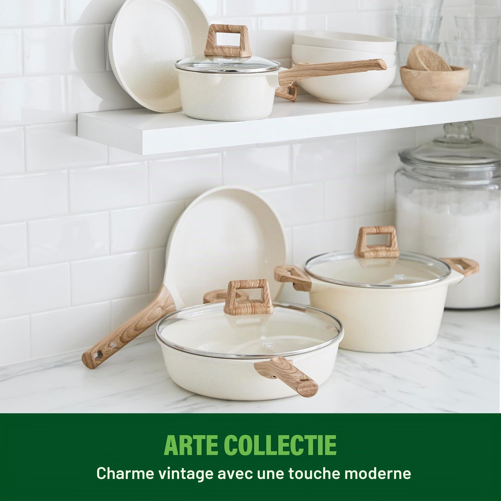 GreenChef Arte Lot de 2 poêles antiadhésives en céramique sans PFAS avec manche en bois Crème 24 cm et 28 cm