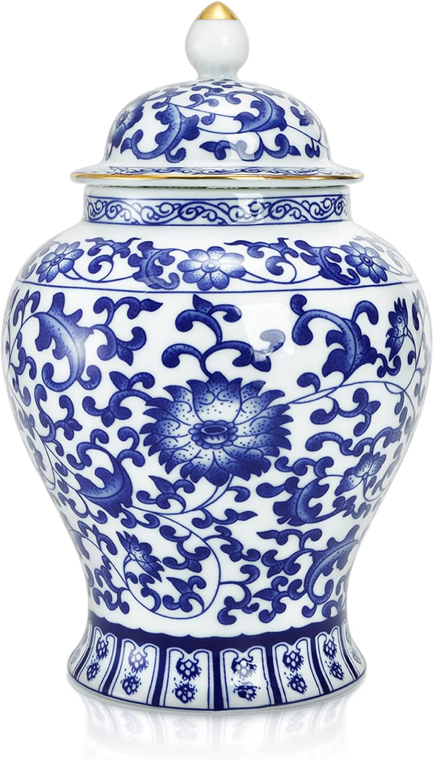 Goaste Blue and White Ginger Jar with Lid, 7.2 Inch Chinoiserie Porcelain Ginger Jars Airtight, Decorative Ceramic Tea Candy Storage Jar, Handmade Vintage Flower Vase for Home Decor, Sugar Nuts Herbs