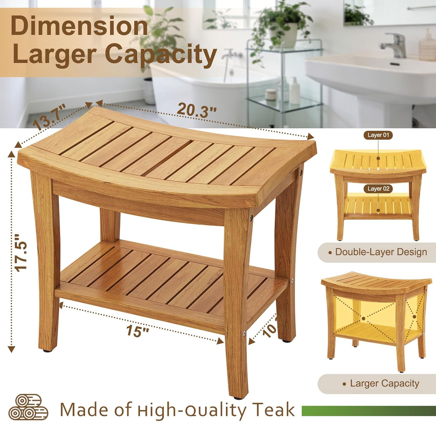 OTSUN Teak Shower Bench Seat - 20" Solid Wood Stool Waterproof Teakwood Shower Bench Chair with Storage Shelf 500 Lbs Capacity for Bathroom, Indoor & Outdoor Use Medium