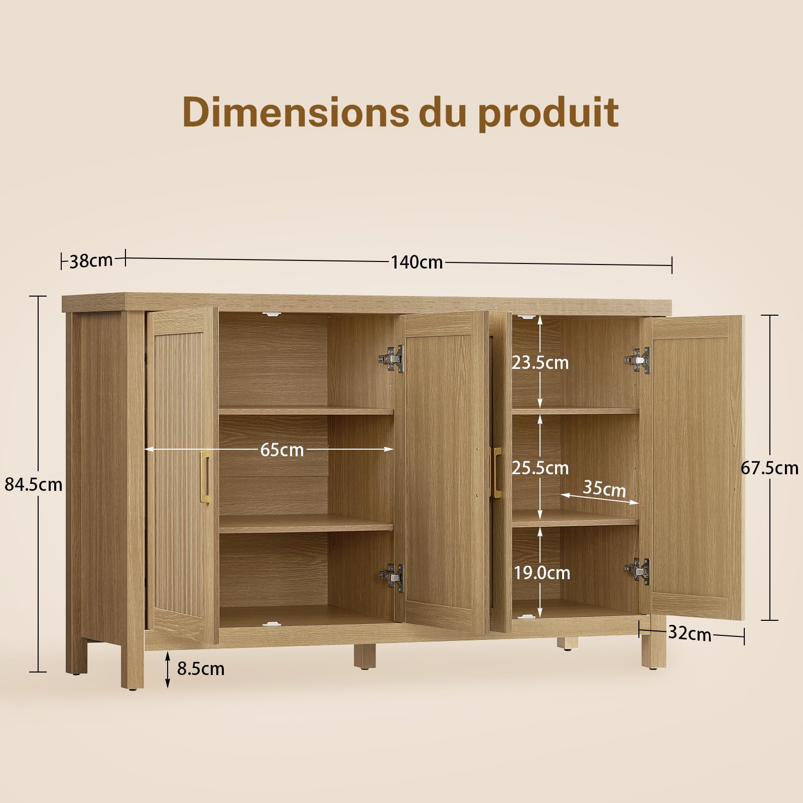 TEENFON 140cm Buffet Cuisine Cannelé 4 Portes, Meuble Cuisine à Étagères Réglables, Buffet Salle a Manger en Bois Naturel pour Salon, Cuisine – 140x38x83.6 cm