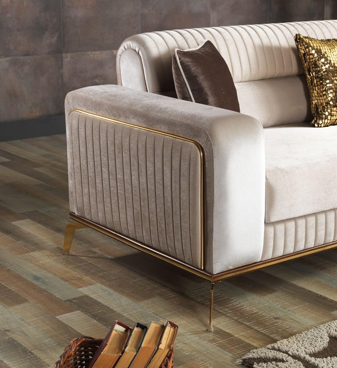 Casa Padrino Luksusowa sofa rozkładana kremowy/brązowy/złoty 225 x 92 x szer. 83 cm - sofa do salonu z 3 poduszkami - luksusowe meble do salonu