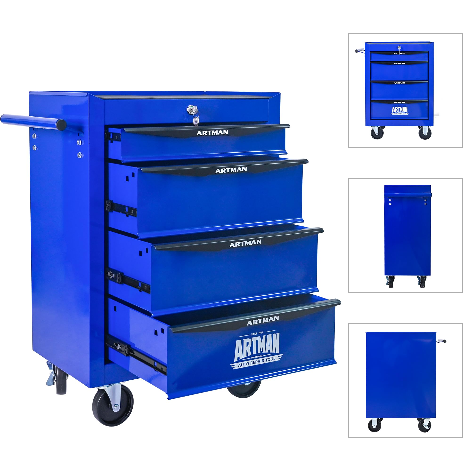 Rolling Metall-Werkzeugkiste con Steel, 4 Cassetti e Ruote con Freno, Armadio per Attrezzi 20" con Guide a Sfere, Organizzatore Garage e Officina, Nero e Blu, 52.4 x 33 x 65.6 cm
