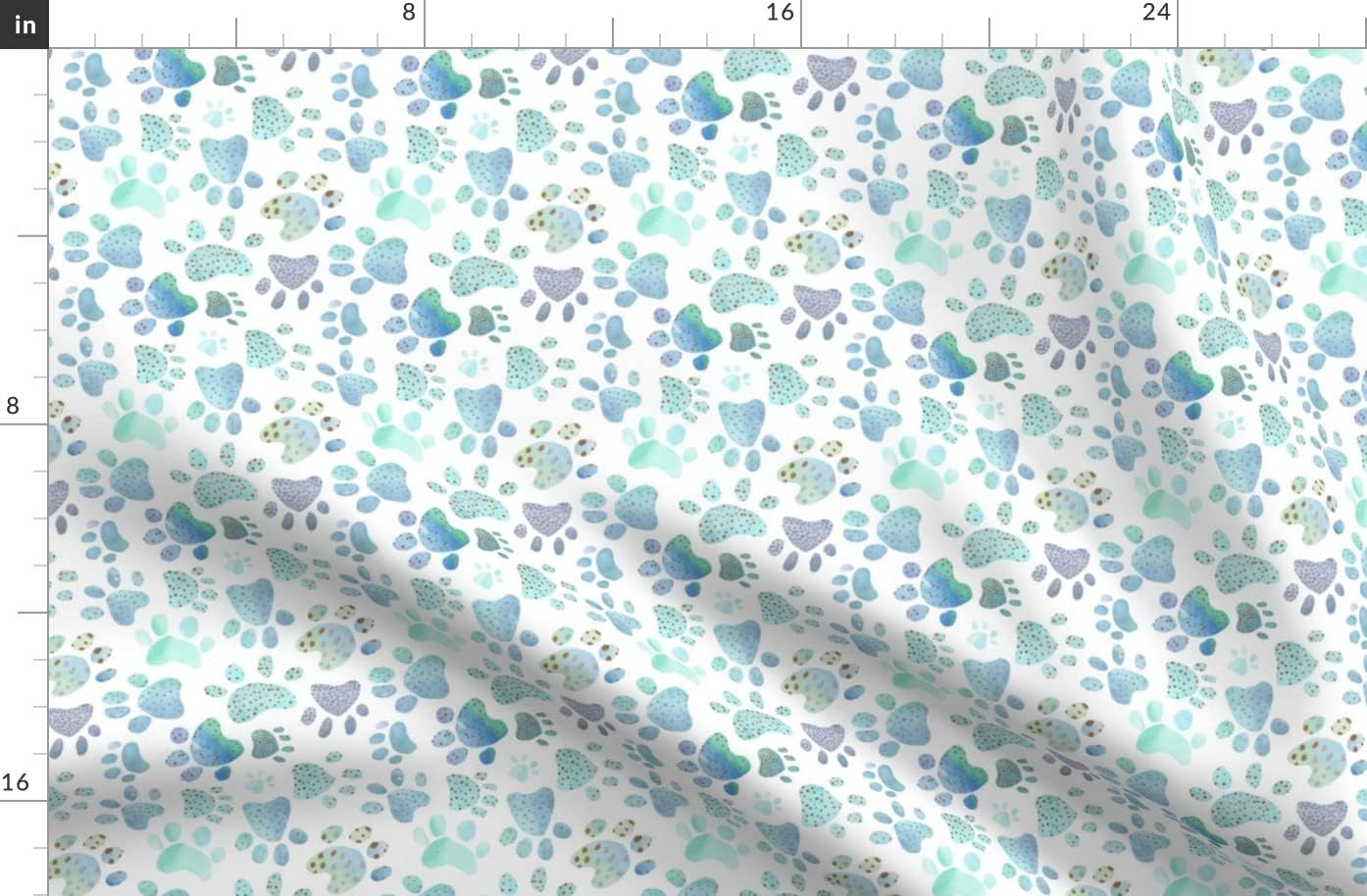 Spoonflower Fabric - Paw Prints Blue Dogs Puppy Watercolor Nursery Printed on Denim Fabric by The Yard - Bottomweight Apparel Home Decor Upholstery
