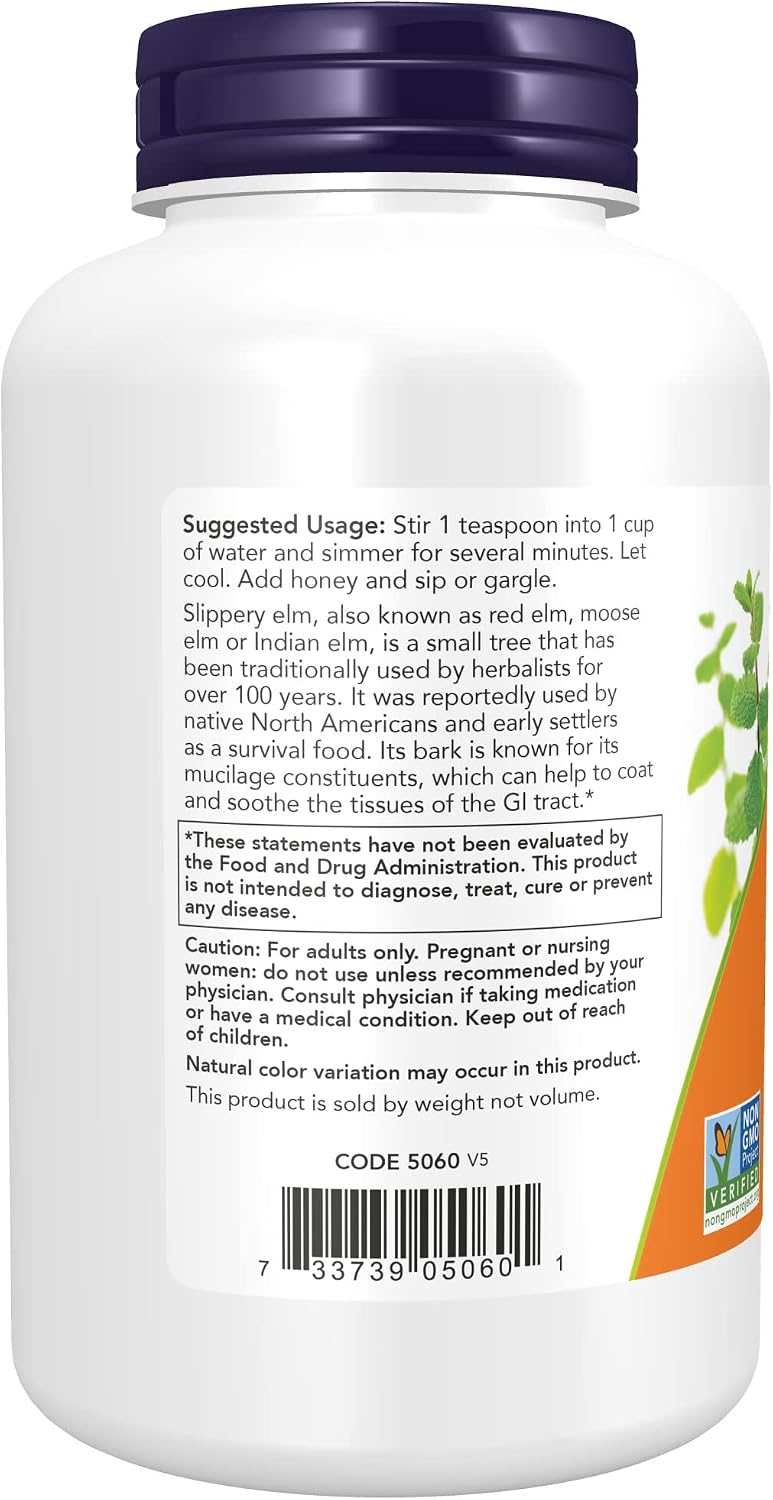 NOW Supplements, Slippery Elm Powder (Ulmus rubra), Non-GMO Project Verified, Herbal Supplement, 4-Ounce
