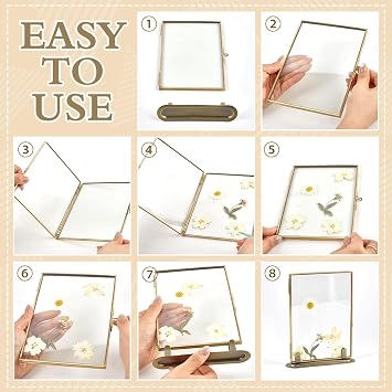 2PCS Double Glass Pressed Flower Frames 5 x 7 Inch Brass Floating Frame Vintage Gold Picture Frames Floating Hanging Photo with Metal Stand Tabletop Shelf Photo Frame Decor for Wedding Home