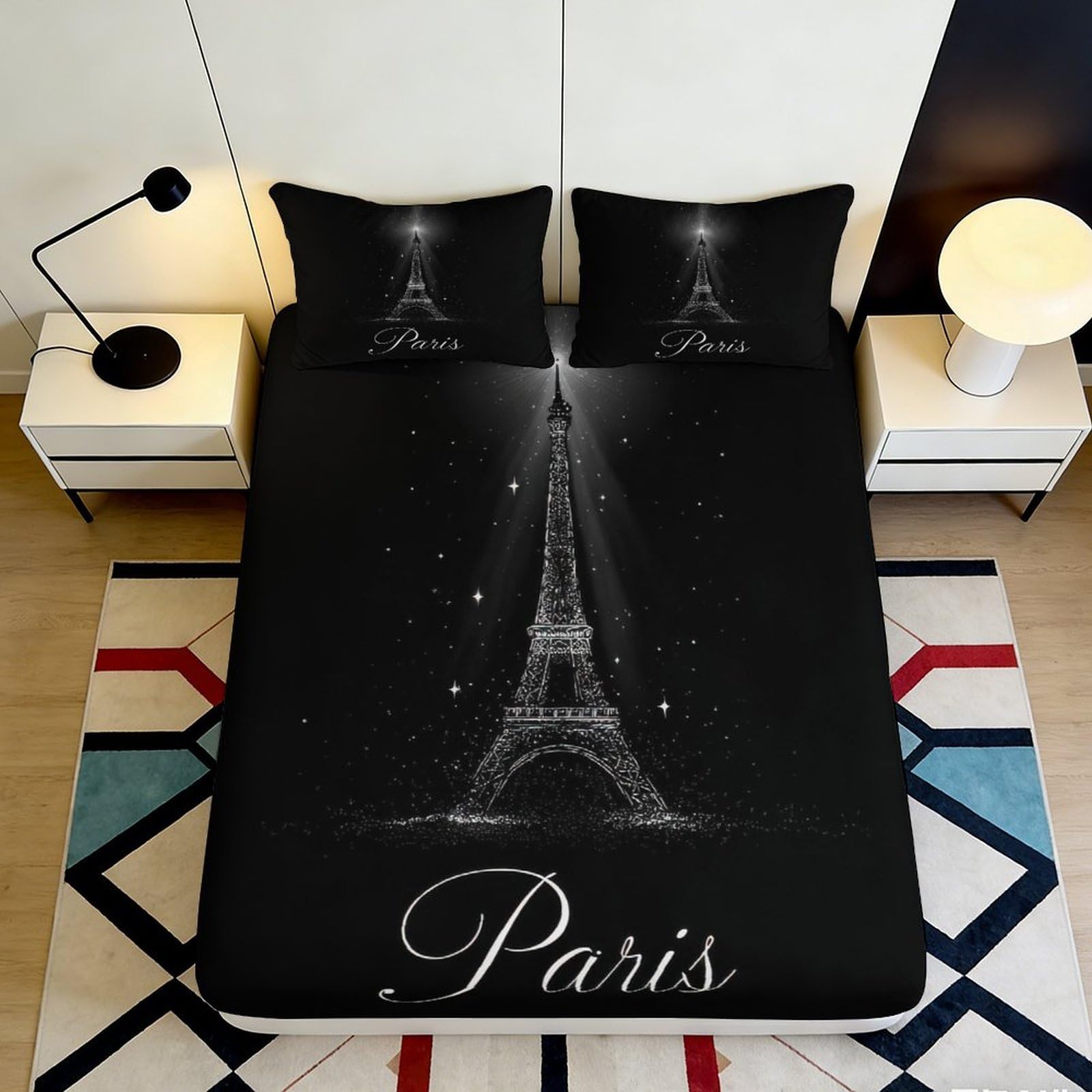 3D Printed Eiffel Tower Fitted Sheet Microfiber Soft Breathable Paris Bed Cover for Bedroom Dormitory Guest Room Mattress Protection Decor 140x200x25cm